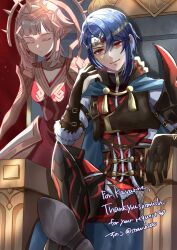 Rule 34 | 1boy, 1girl, alcryst (fire emblem), armor, black gloves, blue hair, buckle, cape, circlet, closed eyes, closed mouth, commission, crossed legs, dress, fire emblem, fire emblem engage, fire emblem heroes, fur trim, gloves, hair between eyes, highres, looking at viewer, muneate, nintendo, official alternate costume, official alternate hairstyle, red eyes, short hair, shoulder armor, sitting, snow20200, throne, veronica (fire emblem)