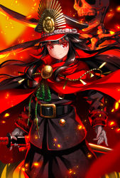 Rule 34 | &gt;:&gt;, 1girl, :&gt;, belt, black hair, blunt bangs, cloak, closed mouth, cowboy shot, crest, embers, family crest, fate (series), gloves, grey gloves, hat, highres, holding, holding sword, holding weapon, katana, koha-ace, long hair, looking at viewer, military, military hat, military uniform, oda nobunaga (fate), oda nobunaga (koha-ace), peaked cap, red eyes, sheath, sheathed, skeleton, solo, sparks, standing, suishougensou, sword, uniform, v-shaped eyebrows, weapon