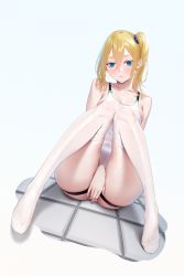Rule 34 | 1girl, absurdres, bare shoulders, between legs, blonde hair, blue eyes, blue nails, blush, breasts, closed mouth, commentary request, commission, competition swimsuit, covering privates, covering crotch, dutch angle, feet, full body, hair between eyes, hair ornament, hair scrunchie, hand between legs, hayasaka ai, high ponytail, highres, kaguya-sama wa kokurasetai ~tensai-tachi no renai zunousen~, knees together feet apart, leaning back, long hair, looking at viewer, medium breasts, nail polish, no shoes, one-piece swimsuit, over-kneehighs, scrunchie, see-through, see-through legwear, side ponytail, sidelocks, silver tokki, simple background, sitting, skindentation, solo, swimsuit, thigh strap, thighhighs, thighs, white background, white one-piece swimsuit, white thighhighs