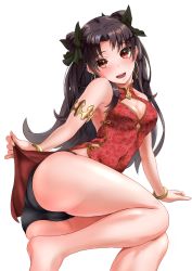 Rule 34 | 1girl, ass, bare shoulders, barefoot, black panties, blush, bracelet, breasts, brown hair, china dress, chinese clothes, cleavage, cleavage cutout, clothes lift, clothing cutout, come hither, dress, dress lift, earrings, fate/grand order, fate (series), hair ribbon, head tilt, highres, hoop earrings, ishtar (fate), jewelry, long hair, looking at viewer, medium breasts, open mouth, panties, red eyes, ribbon, shiny skin, simple background, smile, solo, two side up, underwear, urayama (backmountain), very long hair, white background