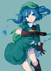 Rule 34 | 1girl, backpack, bag, blue eyes, blue hair, boots, brown gloves, gloves, hair bobbles, hair ornament, hat, junwool, kawashiro nitori, looking at viewer, matching hair/eyes, open mouth, shirt, skirt, solo, touhou, twintails, two side up, water gun