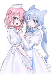 2girls animal_ears blue_hair cat_ears eyepatch feeding food fork hat highres holding holding_fork looking_at_viewer low_twintails multiple_girls nurse nurse_cap open_mouth original pink_hair short_sleeves sil435 twintails