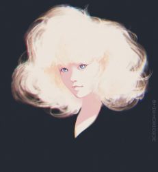 Rule 34 | 1girl, artist name, big hair, black background, blonde hair, blue eyes, chromatic aberration, looking at viewer, original, portrait, simple background, smile, solo, the insaneum, twitter username