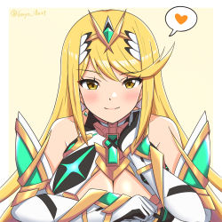 Rule 34 | 1girl, absurdres, artist name, bare shoulders, blonde hair, blush, border, breasts, cleavage, closed mouth, commentary request, earrings, facing viewer, heart, highres, jewelry, large breasts, looking at viewer, mythra (xenoblade), ryochan96154, simple background, smile, solo, spoken heart, swept bangs, tiara, upper body, xenoblade chronicles (series), xenoblade chronicles 2, yellow background, yellow eyes