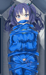 Rule 34 | 1girl, absurdres, alternate costume, bdsm, blue archive, blue eyes, blue suit, blush, bondage, bound, breasts, egg vibrator, formal, halo, highres, large breasts, looking at viewer, lying, muzzle, purple hair, seirein (seireinnnn), sex toy, solo, straitjacket, suit, twintails, vibrator, yuuka (blue archive)