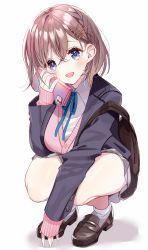 Rule 34 | 1girl, :d, aqua neckwear, backpack, bag, black footwear, black jacket, braid, breasts, brown hair, cardigan, cellphone, collared shirt, commentary request, full body, grey skirt, hair ornament, hairclip, highres, holding, holding phone, jacket, large breasts, long sleeves, looking at viewer, medium hair, misumi (macaroni), open mouth, original, phone, pink cardigan, purple eyes, school uniform, shirt, simple background, skirt, smartphone, smartphone case, smile, socks, solo, squatting, white background, white shirt, white socks, x hair ornament