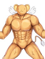 Rule 34 | 1990s (style), :3, abs, animal ears, cai geng, cardcaptor sakura, closed mouth, collarbone, completely nude, cowboy shot, gluteal fold, kero (cardcaptor sakura), looking at viewer, muscular, nude, retro artstyle, simple background, smile, solid circle eyes, tail, toned, toned male, veins, what, white background, white wings, wings