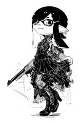 Rule 34 | 1girl, ankle boots, boots, closed mouth, diagonal bangs, dress, earrings, flat chest, frilled dress, frills, goth fashion, greyscale, gun, high heel boots, high heels, highres, holding, holding gun, holding weapon, inkling, inkling girl, inkling player character, jewelry, long hair, long sleeves, looking at viewer, mask, monochrome, nintendo, pointy ears, sakkan, skirt hold, smile, solo, standing, standing on one leg, weapon