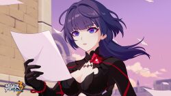 Rule 34 | 1girl, :o, ahoge, black gloves, black sleeves, blurry, blurry background, breasts, building, chinese commentary, cleavage, cloud, day, gloves, highres, holding, holding paper, honkai (series), honkai impact 3rd, japanese clothes, logo, long sleeves, makeup, medium breasts, medium hair, official alternate costume, official art, official wallpaper, open mouth, outdoors, paper, pink sky, ponytail, purple hair, raiden mei, raiden mei (danzai spectramancer), reading, sky, solo, upper body, v-shaped eyebrows