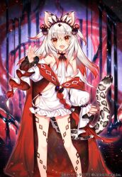 Rule 34 | 1girl, age of ishtaria, animal ear fluff, animal ears, bare shoulders, bestia (age of ishtaria), blush, copyright name, copyright notice, detached sleeves, dress, fang, grey hair, hair ornament, hand up, highres, leg tattoo, leopard ears, leopard tail, long hair, looking at viewer, multicolored hair, munlu (wolupus), open mouth, red eyes, red hair, sleeveless, sleeveless dress, solo, tail, tattoo, tiara, two-tone hair, two side up