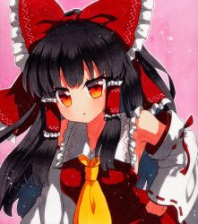 Rule 34 | 1girl, bad id, bad pixiv id, bare shoulders, black hair, bow, breasts, collar, dress, hakurei reimu, hand on own hip, holding, long hair, long sleeves, looking at viewer, medium breasts, multicolored eyes, open mouth, orange eyes, pink background, qqqrinkappp, red bow, red dress, red eyes, shikishi, simple background, solo, touhou, traditional media, white collar, white sleeves, yellow eyes, yellow neckwear