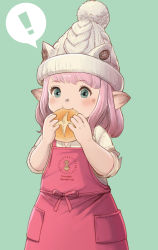 Rule 34 | !, 1girl, apron, warrior of light (ff14), blush, bread, eating, final fantasy, final fantasy xiv, food, green background, green eyes, heart, holding, holding food, knit hat, lalafell, medium hair, moko (user vnsh2874), pink apron, pink hair, pointy ears, solo, spoken exclamation mark, upper body