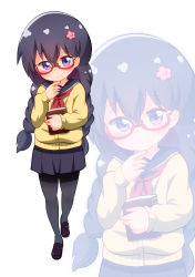 Rule 34 | 1girl, alternate hairstyle, bespectacled, black hair, black pantyhose, blush, book, braid, commentary request, flower, full body, glasses, hair flower, hair ornament, highres, kbisuco, loafers, looking at viewer, pantyhose, purple eyes, school uniform, serafuku, shirosaki hana, shoes, simple background, solo, sweater, twin braids, watashi ni tenshi ga maiorita!, wavy mouth, white background