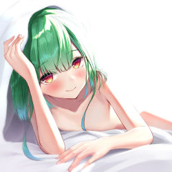 Rule 34 | 1girl, bed sheet, blanket, blue hair, blush, collarbone, gradient hair, green hair, highres, hololive, looking at viewer, lying, multicolored hair, naked sheet, nyaa28, on stomach, red eyes, short hair, sidelocks, smile, solo, under covers, uruha rushia, virtual youtuber