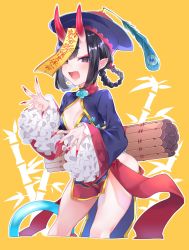 Rule 34 | 1girl, :d, alternate costume, alternate hairstyle, bamboo, black hair, bottomless, braid, chinese clothes, cleavage cutout, clothing cutout, eyeshadow, fang, fate/grand order, fate (series), fingernails, frills, hat, highres, horns, jiangshi, long fingernails, makeup, manami (fearfac666), nail polish, ofuda, oni, open mouth, orange background, peacock feathers, purple eyes, qingdai guanmao, scroll, short eyebrows, shuten douji (fate), shuten douji (festival outfit) (fate), simple background, smile