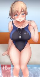 Rule 34 | 1girl, absurdres, bare arms, bare legs, bare shoulders, blue eyes, blush, breasts, brown hair, closed mouth, clothes writing, collarbone, competition swimsuit, feet out of frame, groin, hair between eyes, highres, intrepid (kancolle), kantai collection, large breasts, nuka (nvkka), one-piece swimsuit, ponytail, short hair, sitting, soaking feet, solo, swimsuit, whistle, whistle around neck