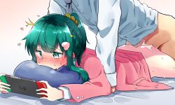 Rule 34 | 1boy, 1girl, ass, blush, commentary request, green eyes, green hair, hair ornament, hair scrunchie, handheld game console, head out of frame, heart, heart hair ornament, hetero, highres, ki no nekko, long hair, long sleeves, lying, multitasking, nintendo switch, nose blush, on bed, on stomach, pillow, ponytail, prone bone, scrunchie, serizawa momoka, sex, sex from behind, shirt, tokyo 7th sisters, white shirt