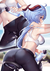 Rule 34 | 1girl, ahoge, artist name, ass, bare arms, bare shoulders, bicycle, black pants, blue hair, bottle, breasts, cowboy shot, crop top, from behind, ganyu (genshin impact), genshin impact, highres, holding, holding bottle, horns, large breasts, leggings, long hair, looking at viewer, looking back, midriff, multiple views, navel, pants, profile, red eyes, sports bra, squchan, stomach, thighs