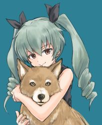 Rule 34 | 10s, 1girl, anchovy (girls und panzer), black ribbon, black shirt, casual, closed mouth, commentary, dog, dress, drill hair, girls und panzer, green background, green hair, hair ribbon, hug, hug from behind, husky, long hair, looking at viewer, mutsu (layergreen), red eyes, ribbon, shirt, sleeveless, sleeveless dress, smile, solo, twin drills, twintails, upper body