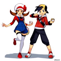 Rule 34 | 1boy, 1girl, artist name, backwards hat, bag, baseball cap, black eyes, black hair, black pants, blue overalls, brown hair, commentary, creatures (company), english commentary, ethan (pokemon), game freak, hat, highres, holding, holding poke ball, hood, hood down, hooded jacket, hoodie, jacket, looking at viewer, lyra (pokemon), medium hair, nintendo, overalls, pants, poke ball, pokemon, pokemon hgss, premier ball, red jacket, red shirt, shadow, shirt, short hair, simple background, smgold, standing, standing on one leg, thighhighs, twintails, ultra ball, white background, white hat, white thighhighs