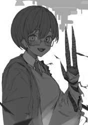 Rule 34 | 1girl, absurdres, blush, claws, glasses, greyscale, hair between eyes, hatching (texture), highres, looking at viewer, monochrome, monster girl, necktie, open mouth, original, school uniform, short hair, silhouette, smile, solo, takaha4 mei, teeth, tongue, torn, torn clothes, upper body, waving