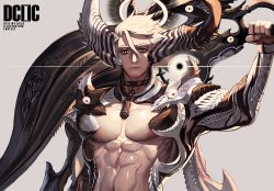 Rule 34 | 1boy, abs, angel, between pectorals, character request, cleavage cutout, clothing cutout, commentary request, destiny child, dragon boy, dragon horns, dragon wings, drawing sword, dual wielding, feathered wings, full body, halo, highres, holding, holding sword, holding weapon, horns, huge weapon, large pectorals, male focus, muscular, muscular male, nipples, pectoral cleavage, pectorals, rinotuna, scales, short hair, solo, stomach, sword, sword behind back, weapon, white hair, wings