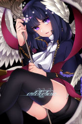 Rule 34 | 1girl, beatmania, beatmania iidx, black thighhighs, blue hair, english text, fang, long hair, looking at viewer, male focus, maru (sw1tch), open mouth, purple eyes, rche (beatmania), sketch, smile, solo, staff, thighhighs, thighs, wings