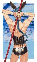 Rule 34 | 1boy, animal ears, arms behind head, artist name, black shorts, blue background, blue hair, rabbit ears, rabbit tail, contrapposto, cowboy shot, cu chulainn (fate), detached collar, earrings, fake animal ears, fake tail, fate/stay night, fate (series), from behind, g0ringo, gae bolg (fate), jewelry, lace-up, cu chulainn (fate/stay night), long hair, male focus, male playboy bunny, photo background, polearm, ponytail, short shorts, shorts, solo, spear, tail, toned, toned male, very long hair, weapon, wrist cuffs