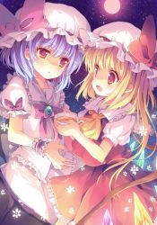 Rule 34 | 2girls, :d, :o, blonde hair, blush, bow, cup, demon wings, dress, flandre scarlet, hat, hat bow, holding, holding cup, light purple hair, mob cap, moon, multiple girls, night, night sky, open mouth, red eyes, red moon, reia, remilia scarlet, siblings, sisters, sky, smile, star (sky), starry sky, tea, teacup, touhou, wings