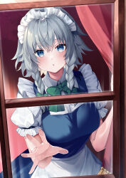 Rule 34 | 1girl, apron, blue dress, blue eyes, blush, bow, bowtie, braid, breasts, collared shirt, curtains, dress, frills, green bow, green bowtie, grey hair, hair between eyes, hair bow, hands up, highres, izayoi sakuya, large breasts, looking at viewer, maid, maid headdress, open mouth, puffy short sleeves, puffy sleeves, shirt, short hair, short sleeves, solo, standing, touhou, twin braids, usushio, wall, white apron, white shirt, window