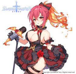 Rule 34 | 1girl, apple caramel, black bow, black gloves, bow, breasts, brown thighhighs, character request, cleavage, collarbone, commentary request, dress, fiery hair, fiery wings, flower, frilled dress, frilled gloves, frills, gloves, hair between eyes, hair bow, highres, holding, holding microphone, large breasts, layered dress, long hair, looking at viewer, microphone, parted lips, ponytail, red bow, red dress, red flower, red hair, red rose, rose, simple background, sleeveless, sleeveless dress, solo, sword master story, thighhighs, white background, wings