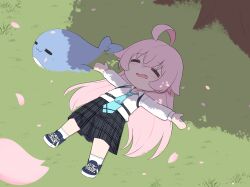 Rule 34 | 1girl, :d, absurdres, ahoge, blue archive, cherry blossoms, chibi, collared shirt, commentary request, from above, grass, hair between eyes, halo, highres, hoshino (blue archive), long hair, long sleeves, looking at viewer, lying, master m 489, on back, open mouth, outstretched arms, petals, pink hair, plaid, plaid skirt, pleated skirt, rose petals, school uniform, shirt, shoes, sidelocks, skirt, sleeping, smile, sneakers, solo, spread arms, stuffed whale, tree