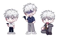 1boy age_progression akagi:_yami_ni_oritatta_tensai akagi_shigeru alcohol animal_print black_pants chibi chibi_only cigarette closed_mouth collared_shirt cup expressionless formal fukumoto_mahjong full_body gloom_(expression) grey_jacket grey_pants gun hand_in_pocket handgun holding holding_cigarette holding_cup holding_gun holding_weapon jacket long_sleeves looking_at_viewer male_focus muuumin old old_man open_mouth pants revolver shirt shoes short_hair short_sleeves simple_background sitting smile sneakers standing suit ten_(manga) tiger_print weapon whiskey white_background white_footwear white_hair white_shirt wrinkled_skin