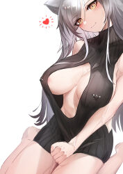 1girl animal_ears areola_slip arknights bare_shoulders blush breasts cat_ears cleavage dress grey_hair hair_between_eyes heart highres large_breasts long_hair looking_at_viewer meme_attire nipple_piercing piercing piercing_through_clothes schwarz_(arknights) smile solo sweat sweater thighs turtleneck turtleneck_sweater virgin_killer_sweater wet yellow_eyes yunlingluo