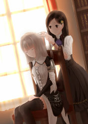Rule 34 | 2girls, ascot, atelier (series), atelier escha &amp; logy, backlighting, braiding hair, brown hair, chair, dutch angle, closed eyes, grey hair, hair ornament, hairdressing, highres, indoors, jerrysue, lace, lace-trimmed legwear, lace trim, linca (atelier), marion quinn, multiple girls, sitting, thighhighs, window