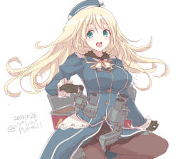 Rule 34 | 10s, 1girl, 2014, :d, atago (kancolle), beret, black gloves, black panties, blonde hair, dated, frilled sleeves, frills, gloves, green eyes, hat, kantai collection, long hair, looking at viewer, machinery, military, military uniform, open mouth, panties, pantyhose, pureji oshou, simple background, smile, solo, twitter username, underwear, uniform, white background