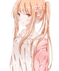 Rule 34 | 1girl, bare shoulders, blonde hair, blush, collarbone, flower, hair flower, hair ornament, hiro (hirohiro31), jacket, long hair, looking at viewer, off shoulder, open clothes, open jacket, original, red eyes, shirt, solo, twintails, very long hair