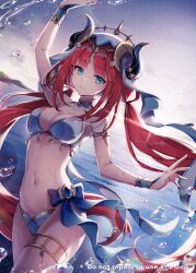 Rule 34 | 1girl, arm up, bikini, blue bikini, blue eyes, breasts, cleavage, closed mouth, cloud, commentary request, fake horns, genshin impact, highres, horns, long hair, looking at viewer, low twintails, medium breasts, navel, nilou (genshin impact), nyanya, outdoors, red hair, sky, smile, solo, swimsuit, twintails, veil, very long hair, water, watermark