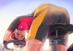 Rule 34 | 1girl, ass, bent over, bicycle, bike shorts, biker clothes, bikesuit, blz, bodysuit, breasts, brown eyes, brown hair, eyebrows, from behind, hanging breasts, looking back, no bra, open mouth, skin tight, solo, spandex, super real mahjong, sweat, toono mizuki, underboob