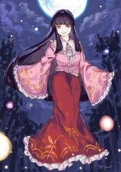 Rule 34 | 1girl, artist name, black hair, bow, bowtie, bright pupils, closed mouth, floating, frilled shirt collar, frilled skirt, frilled sleeves, frills, full body, full moon, highres, hime cut, houraisan kaguya, long hair, long skirt, long sleeves, looking at viewer, moon, night, night sky, oftooon, orb, pink shirt, purple eyes, red skirt, shirt, sidelocks, signature, skirt, sky, smile, solo, star (sky), touhou, white bow, white bowtie, white pupils, wide sleeves