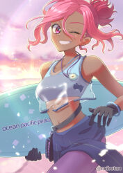 Rule 34 | 1girl, animification, black gloves, blue shorts, blush, cropped shirt, floating hair, fortnite, gloves, hair bun, highres, holding, holding surfboard, lens flare, looking at viewer, mikio (onibotan), ocean (fortnite), one eye closed, panties, parted lips, purple panties, see-through, see-through shirt, shirt, shorts, single hair bun, sky, smile, solo, surfboard, underwear
