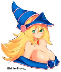 Rule 34 | 1girl, absurdres, artist name, bare shoulders, blonde hair, blush, blush stickers, breasts, bright pupils, choker, cleavage, collarbone, colored eyelashes, dark magician girl, duel monster, green eyes, hair between eyes, hat, highres, large breasts, long hair, looking at viewer, millerbrave, off shoulder, pentacle, simple background, smile, solo, twitter username, upper body, white background, white pupils, wizard hat, yu-gi-oh!