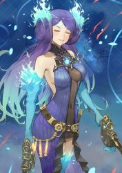 Rule 34 | 1girl, blue background, blue fire, breasts, brighid (xenoblade), center opening, closed eyes, collarbone, curvy, dress, elbow gloves, fadingz, fiery hair, fire, gloves, hat, highres, large breasts, long hair, looking at viewer, purple dress, purple eyes, purple hair, simple background, smile, solo, thighhighs, very long hair, weapon, whip sword, xenoblade chronicles (series), xenoblade chronicles 2