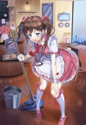 Rule 34 | 1girl, :d, apron, bad id, bad pixiv id, blue eyes, blush, brown hair, bucket, chair, collared shirt, commentary request, dress, fang, flower, frilled apron, frills, hair ornament, hair ribbon, hairclip, hand on own thigh, holding, holding mop, indoors, kneehighs, leaning forward, long hair, mirror, mop, necktie, open mouth, original, pinb, pink footwear, pleated dress, puffy short sleeves, puffy sleeves, red dress, red flower, red necktie, red ribbon, red rose, ribbon, rose, shirt, shoes, short sleeves, sleeveless, sleeveless dress, smile, socks, solo, standing, table, twintails, vase, waist apron, water, white apron, white shirt, white socks, window, wooden floor
