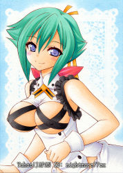 Rule 34 | 10s, 1girl, aquarion (series), aquarion evol, blush, bow, breasts, covered erect nipples, frills, green hair, hair ribbon, large breasts, nightmare77zx, purple eyes, revealing clothes, ribbon, smile, solo, watermark, web address, wrist cuffs, zessica wong