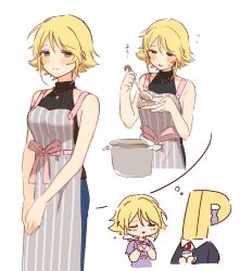 Rule 34 | 1boy, 1girl, apron, black jacket, black shirt, blonde hair, blue pants, blush, breasts, casserole, closed eyes, commentary request, crying, cup, dot nose, flying sweatdrops, green eyes, grey apron, hair flaps, half-closed eyes, holding, holding cup, holding saucer, idolmaster, idolmaster cinderella girls, imagining, jacket, jewelry, looking at viewer, medium breasts, mmmakaron888, multiple views, necklace, necktie, own hands together, p-head producer, pants, parted lips, pink ribbon, producer (idolmaster), purple shirt, red necktie, ribbon, saucer, shirt, short hair, sidelocks, sleeveless, sleeveless shirt, smile, soup ladle, steam, striped apron, striped clothes, sweat, tea, umeki otoha, upper body, vertical-striped apron, vertical-striped clothes, white background