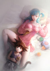 Rule 34 | 1boy, 1girl, age difference, aqua hair, barefoot, bed sheet, black hair, blue hair, blunt bangs, breasts, bulma, closed eyes, collarbone, dougi, dragon ball, dragon ball (object), eyelashes, fooltown, from above, hair bobbles, hair ornament, lap pillow, lips, long hair, long sleeves, looking at viewer, lying, medium breasts, monkey tail, off shoulder, on back, pajamas, parted lips, pillow, radar, side ponytail, sleeping, sleeveless, son goku, spiked hair, spread legs, tail, thighs, wristband