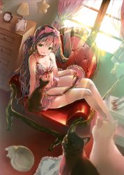 Rule 34 | 1girl, absurdres, animal, bare shoulders, book, bow, breasts, brown hair, cat, chair, cleavage, collarbone, curtains, dress, frills, green eyes, hair bow, highres, indoors, long hair, medium breasts, miwabe sakura, open book, open mouth, original, pillow, scan, shiny skin, short dress, sleeveless, sleeveless dress, sunlight, thighhighs, window, zettai ryouiki
