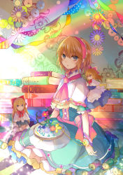 Rule 34 | 1girl, alice margatroid, apron, blonde hair, blue dress, blue eyes, blush, book, book stack, capelet, colorful, commentary request, dress, floating, floral print, flower, hair between eyes, hairband, heart, indoors, kazu (muchuukai), light particles, light rays, long hair, long sleeves, looking at viewer, needle, parted lips, pincushion, rainbow, rainbow order, room, sewing, shanghai doll, short hair, short sleeves, solo, spool, streamers, string, thread, touhou, waist apron, wall
