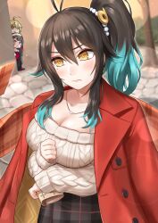 Rule 34 | 3girls, ahoge, aqua hair, arms under breasts, averting eyes, bag, black hair, blonde hair, blush, breasts, cable knit, cleavage, clenched hand, closed mouth, coat, collarbone, facial tattoo, hair flaps, hairband, handbag, highres, jacket, jewelry, kageuchi nagasone kotetsu (tenka hyakken), kageuchi soboro sukehiro (tenka hyakken), kageuchi suishinshi masahide (tenka hyakken), kurofuti, large breasts, lips, magatama hair ornament, multicolored hair, multiple girls, necklace, open clothes, open jacket, outdoors, peeking out, plaid, plaid scarf, plaid skirt, ponytail, red coat, red eyes, scarf, shy, sidelocks, skirt, sweater, tattoo, tenka hyakken, two-tone hair, v-shaped eyebrows, yellow eyes